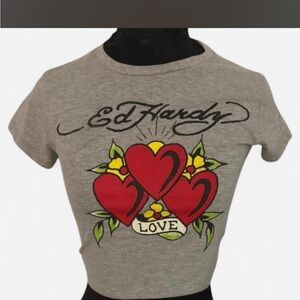 Ed Hardy Gray Tee with Red Heart and Yellow Floral Design